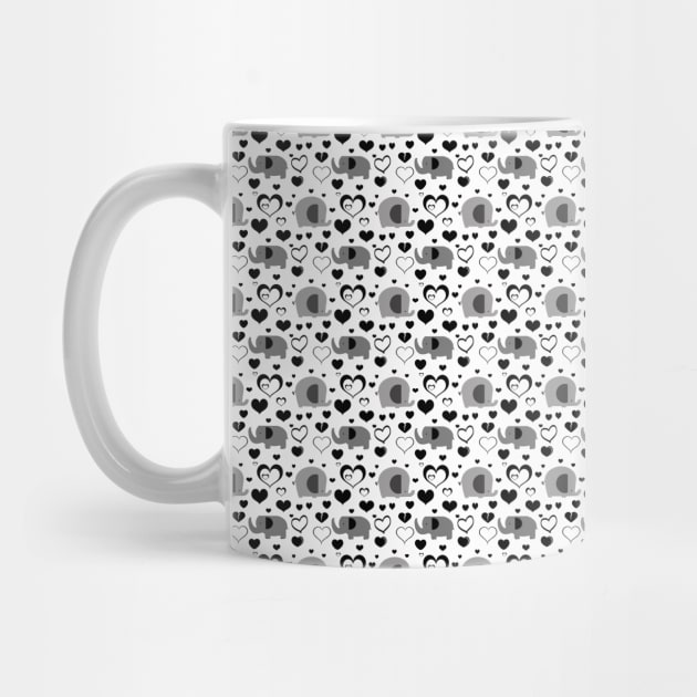 Hearts and Elephants Black and White Pattern by saradaboru